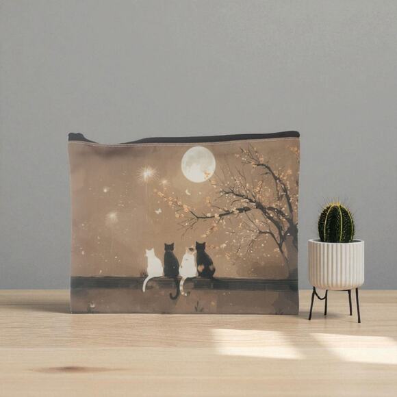 Moonlight Cats Cherry Blossom Cosmetic Bag - Romantic Silhouette 8x6 - Picture 1 of 6